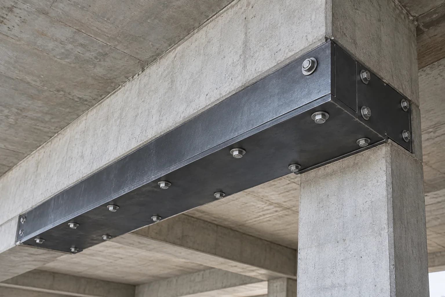 Betonarme kirişin alt ve yan yüzlerinde çelik plaka takviyesi — yapay zekâ ile oluşturulmuş temsili görsel