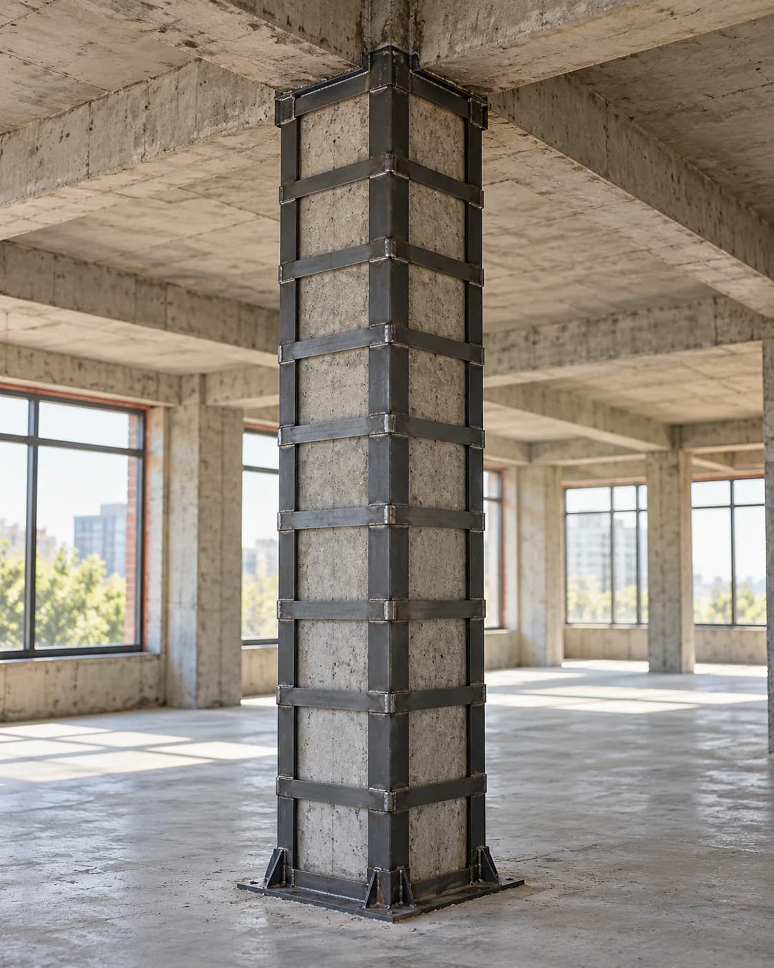 Betonarme kolonda çelik köşe profilleri ve bağ lamaları — yapay zekâ ile oluşturulmuş temsili görsel